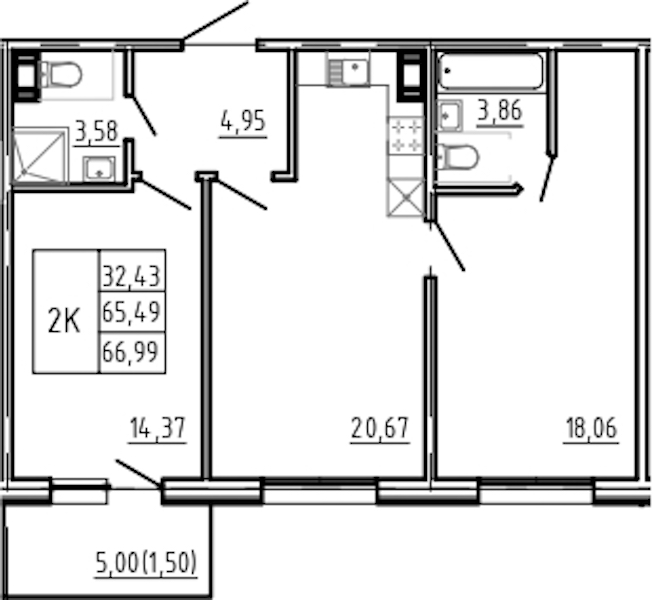 2-комнатная квартира 66.99 м², 2/5 эт., Комплекс апартаментов «Bereg. Курортный»